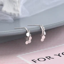 925 Sterling Silver Crescent Moon Round Wafer Tassel Stud Earrings Gift A35
