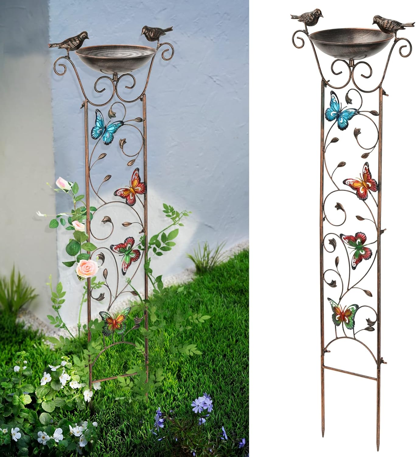 Bird Bath with Trellis Outdoor, Antique Garden Iron Trellis with Decorative Butt