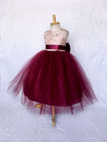 Blush Floral Embroidery Rose Gold Burgundy 2 Layer Tulle Dress Wedding 2 4 6 8 - Picture 14 of 17