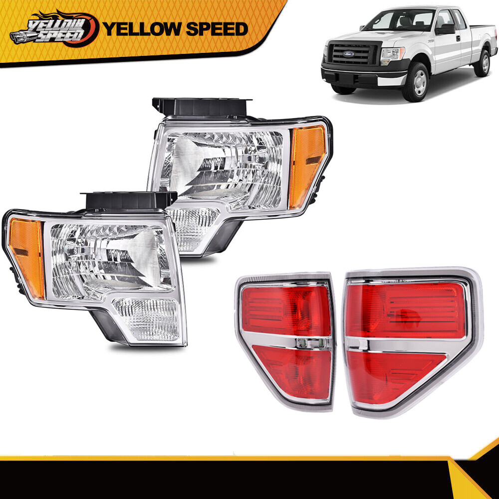Chrome Headlights + Red Tail Lights Set For 2009-2014 Ford F150 – Direct Replacement