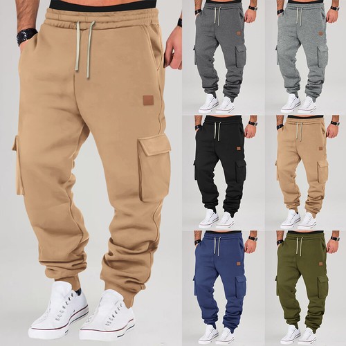 Mens Casual Elastic Waist Cargo Combat Multi Pockets Work Bottom Pants Trousers