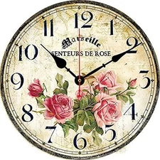 Vintage French Floral Wall Clock with Pink Rose Pattern Small Round Silent