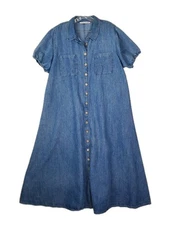 Given Kale Denim Chambray Maxi Dress Button Up Short Sleeve A Line Sz 1X Cotton