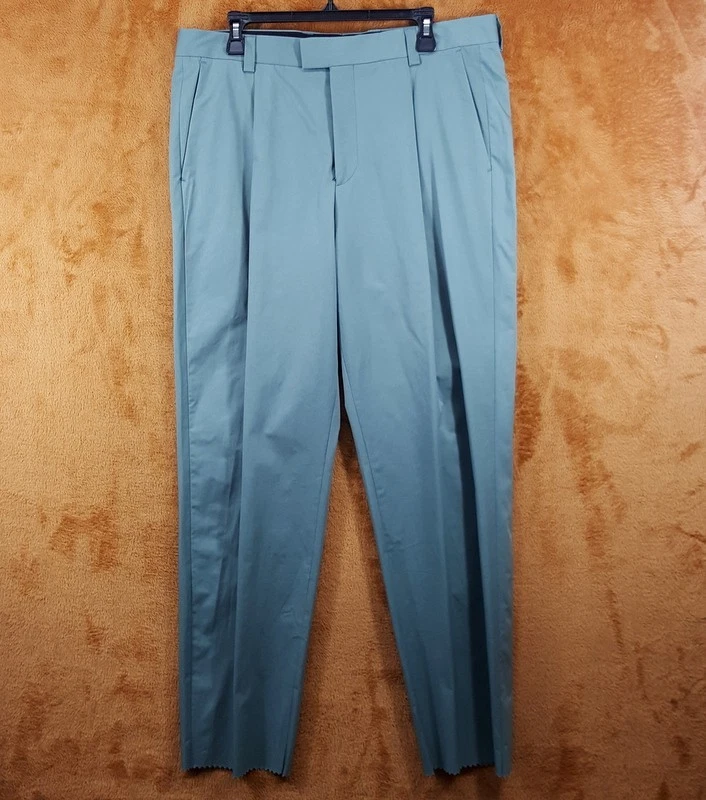 HUGO BOSS Pants Mens Sz 36 Green Pleated Lightweight Regular Fit Unfinished Hem
