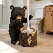 Whimsical Black Bear Toilet Brush Holder Set - Unique Cub Shape Decorative