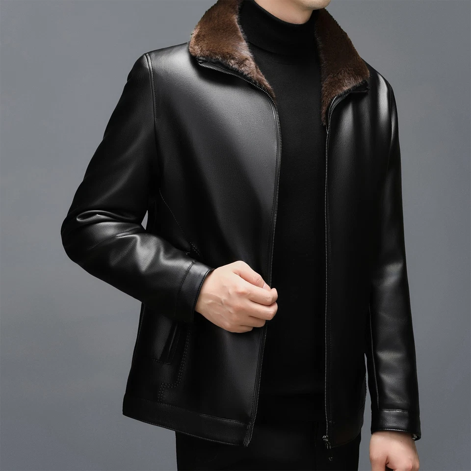 Men's Genuine Leather Fur Lining Thicken Warm Lapel Collar Zipper Formal Jacket - Image 4 of 4