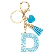 Initial Letter Keychains, Resin Cute Pendant with Heart Tassel, Blue-D