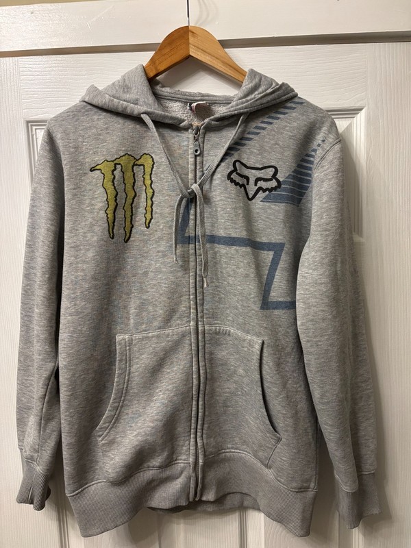 Fox Racing Monster Logo Hoodie Size M Grey Full Zip Rare 00s y2k vintage