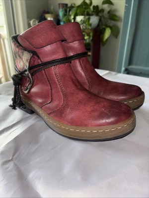 Rieker Fee 93 Red Leather Ankle Boots EUR 38 Womens Size 7-7.5 Zip Antistress
