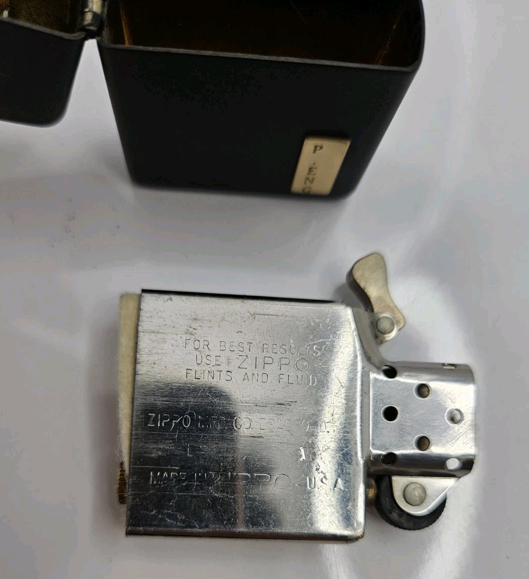 1980s Vintage Zippo Lighter - Black Matte With Brass Initial Panel