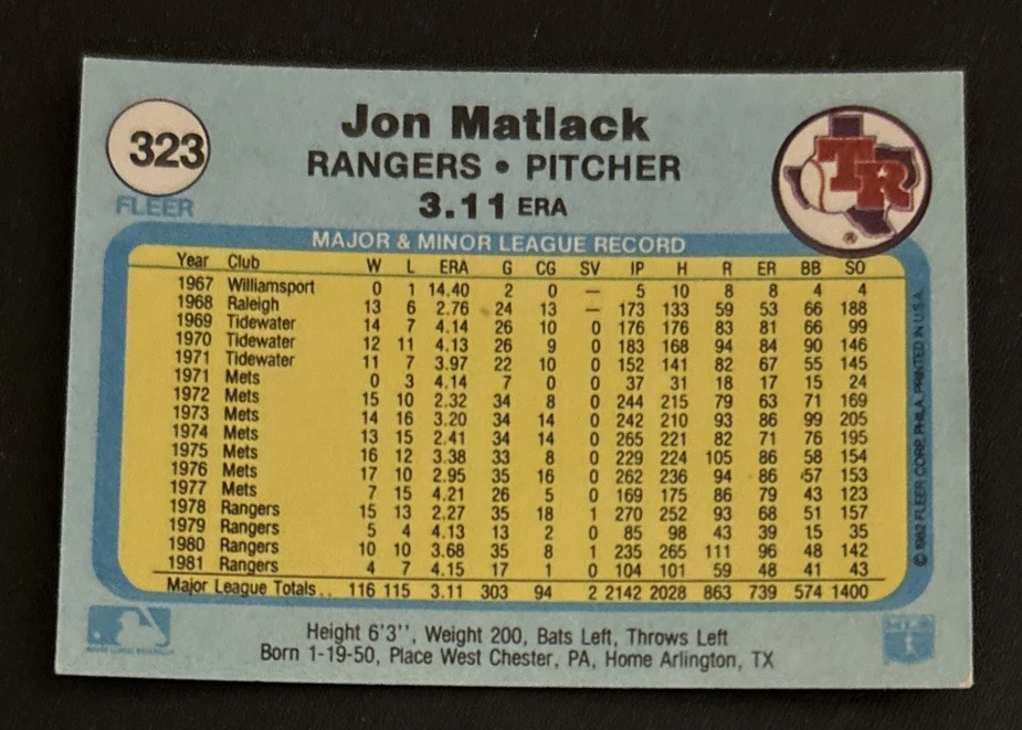 1982 Fleer Jon Matlack Baseball Card #323 Rangers Pitcher VG O/C - Image 2 of 2