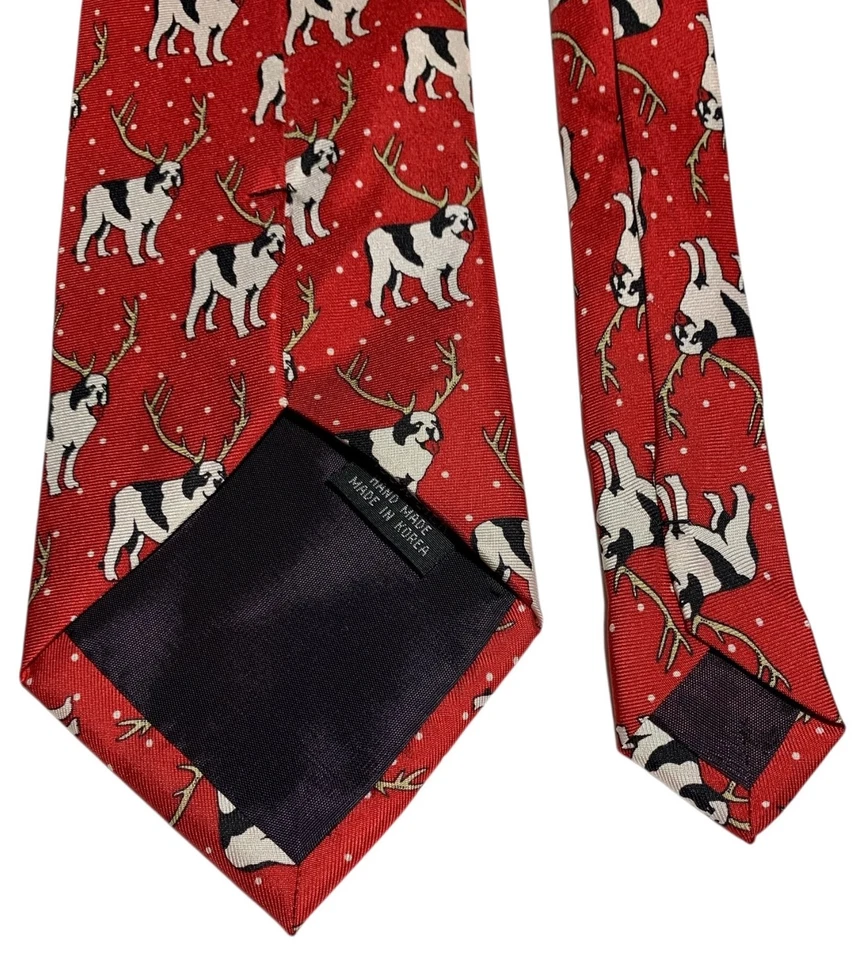BIG DOGS Men's Red Silk Christmas Tie St. Bernards Deer Antlers - 59"L/4"W - Image 4 of 4