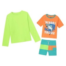 Lands' End Boy's 3 Piece Swim Suit Rashguard Shorts UPF 50 Green Orange size 4T