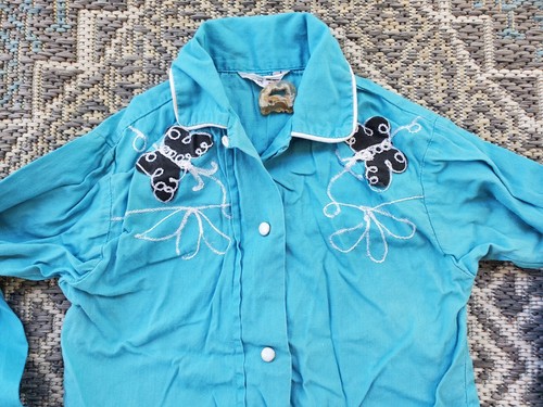 VTG 70s Sears Roebuck Girls Western Cowboy Rodeo Shirt Blue Butterfly Pearl Snap - Picture 2 of 15