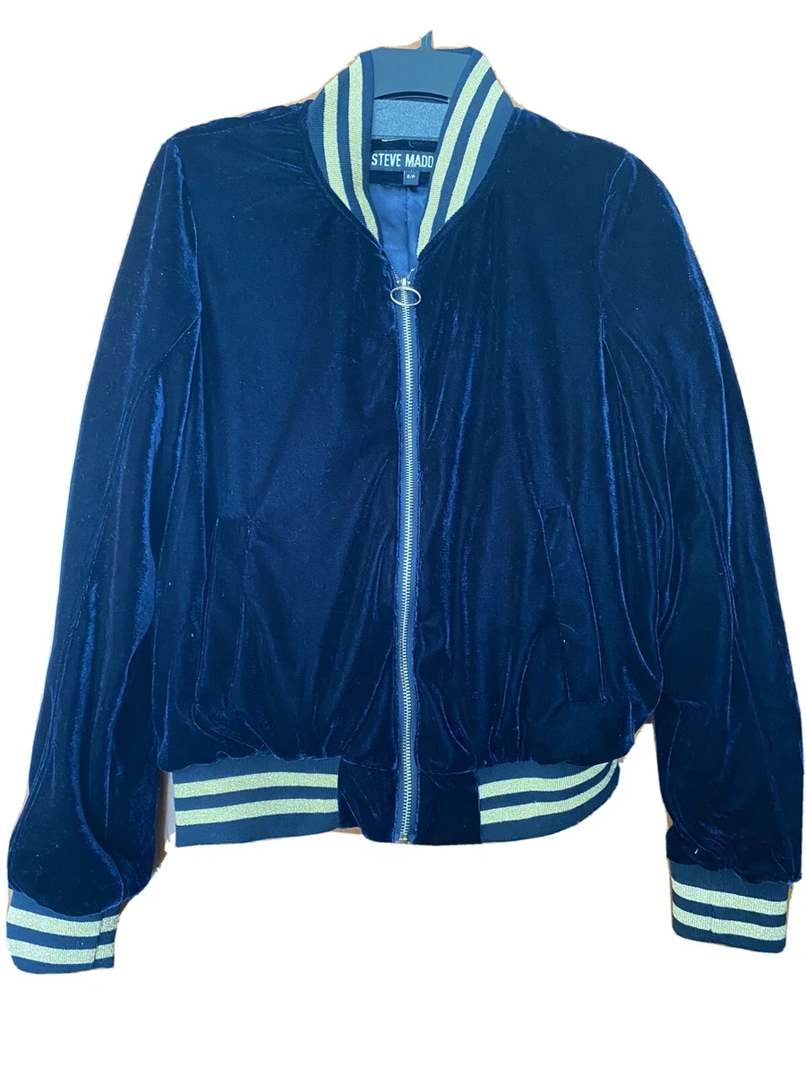Steve Madden Women s Velour Bomber Jacket Navy Blue Size S