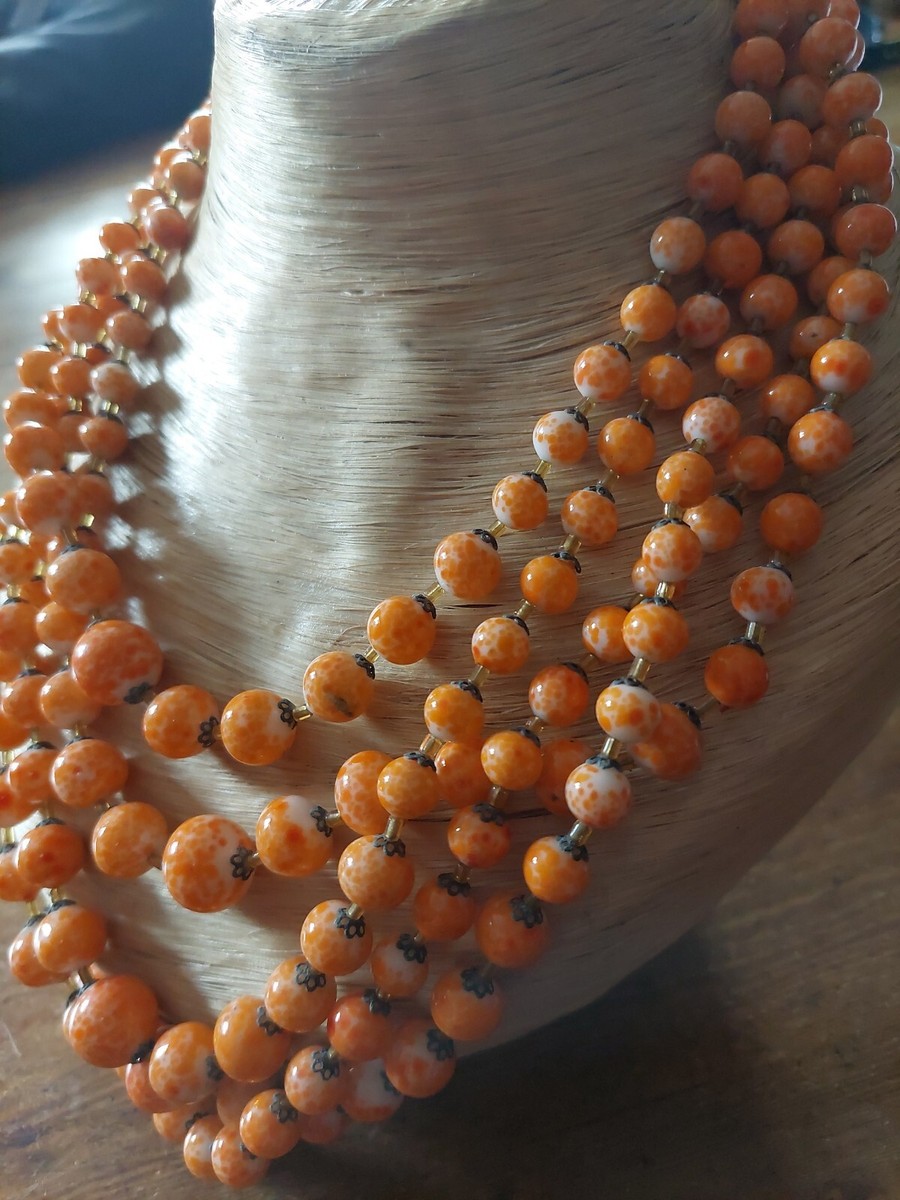 Collier Vintage En Perles De Verre Murano - Années 1960 - 5 Rangs - Couleur Orangée - Occasion