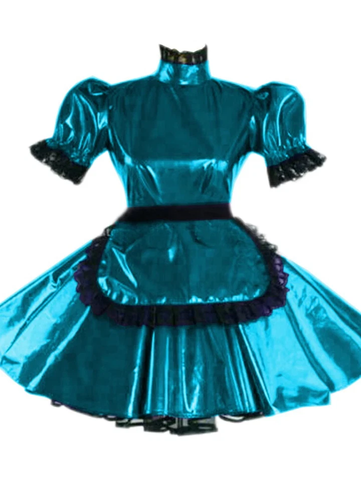 Lockable Shiny Metallic Patent Leather Turtleneck Short Puff Sleeve Maid Dress - Image 4 of 4