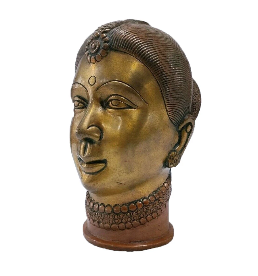 Escultura de cabeza femenina de metal hecha en bronce estatua para decoración hecha a mano india Foto 3 de 4