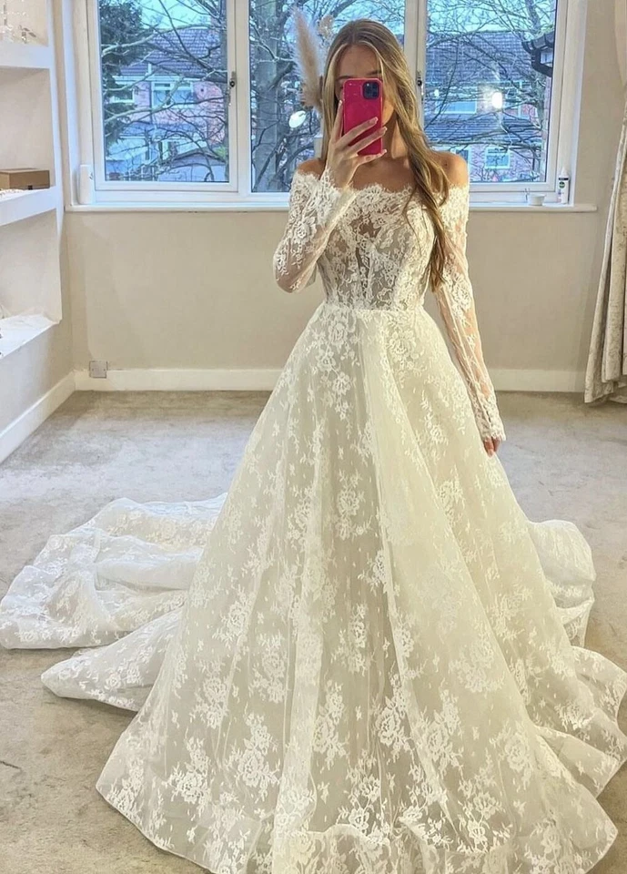 Elegant Wedding Dresses Off the Shoulder Long Sleeves Full Lace Bridal Gowns - Image 3 of 4