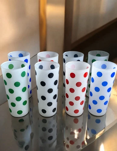 Vintage MCM Hazel Atlas Hazel ware Multi Polka Dot Dotted Glasses Tumblers (8)