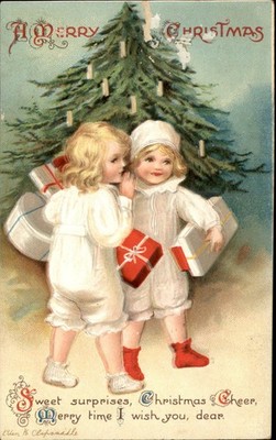 Christmas children with presents Ellen Clapsaddle c1910s Vintage Postcard bhn