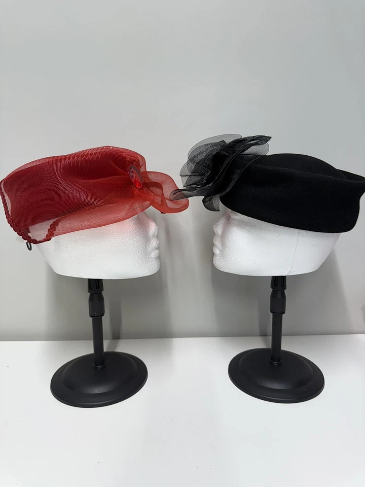 Lote de 2 Sombreros Fascinator Para Mujer con Lazos de Red Transparente 100% Lana Derby Boda Foto 2 de 4