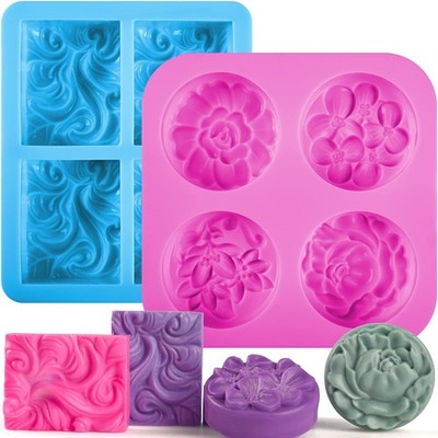 Sakolla 2 Pack Silicone 4 Cavity Wave+Flower Molds, Wave+Flower/Pink & Blue 