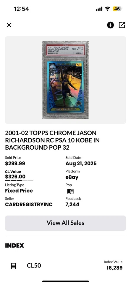 2001-02 Topps Chrome Refractor RC #133 Jason Richardson w/Kobe PSA 10 Low Pop! - Image 4 of 4