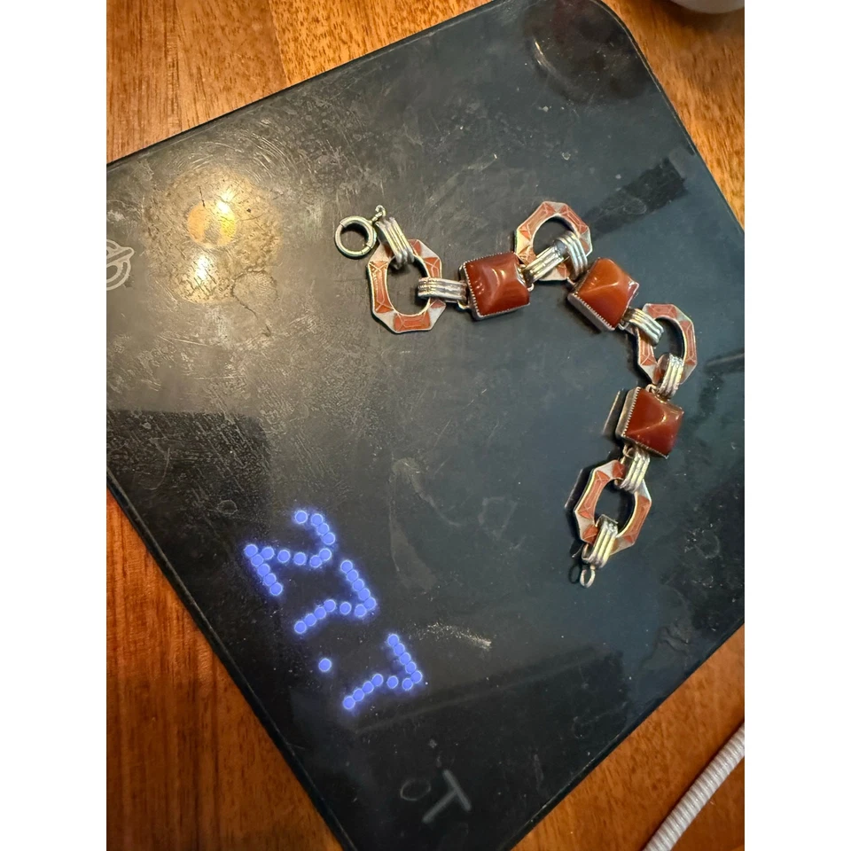 Pulsera vintage Art Deco esmalte rojo esterlina cornalina sardo pirámide cabujón Foto 4 de 4