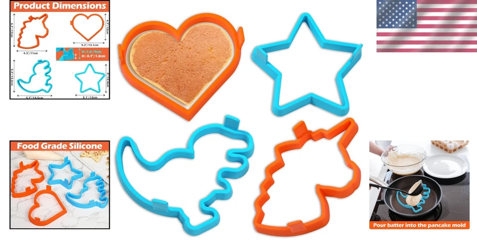 Moldes de silicona para panqueques para niños corazón estrella dinosaurio unicornio paquete de 4 Foto 2 de 4