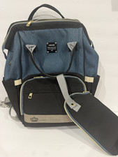 Lequeen Diaper Bag Backpack Blue/Black Solid w/ Changing Pad, Inner Pockets