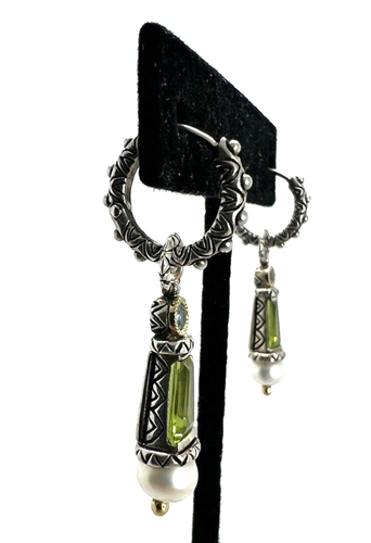 BARBARA BIXBY PERIDOT TOPAZ PEARL GEMSTONE HOOP EARRINGS SS 18K DESIGNER Gift - Picture 5 of 11