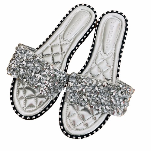 Wild Diva Lounge Women's Silver Rhinestone Slip On Sandals Shoes 8.5 | eBay