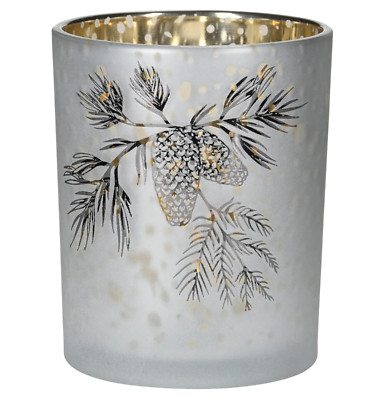 Windlicht Zweig mit Zapfen Weiss Gold Glaswindlicht Advent H=12,5 cm
