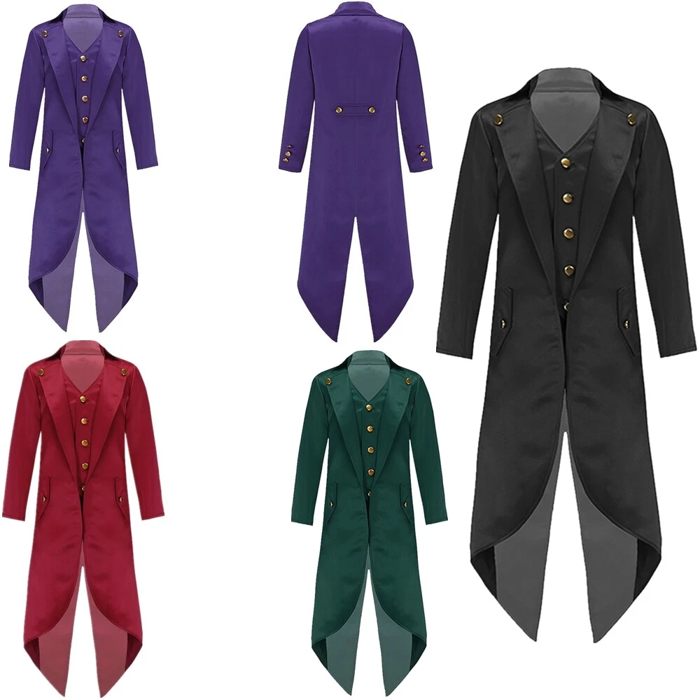 Boys Girls Medieval Costume Halloween Vampire Tailcoat Jacket Gothic Frock Coat