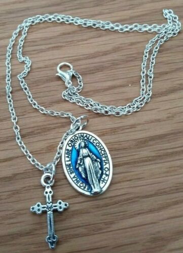 Virgin Mary 2 Designs Royal Blue Mini Miraculous Medal Silver Cross 18&#034; Necklace