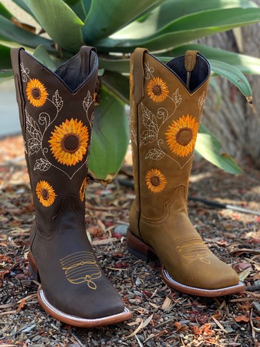 Para mujer Western Squared Sun Flower Eje Vaquera Botas Color de cuero liso  | eBay