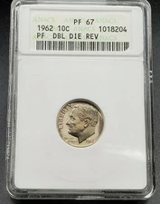 1962 P Roosevelt Silver Dime Coin VARIETY ANACS PF67 DDR 004 Double Die Proof