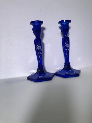 Pair of Fenton cobalt blue tapered glass hand painted J. Stevens candle holders