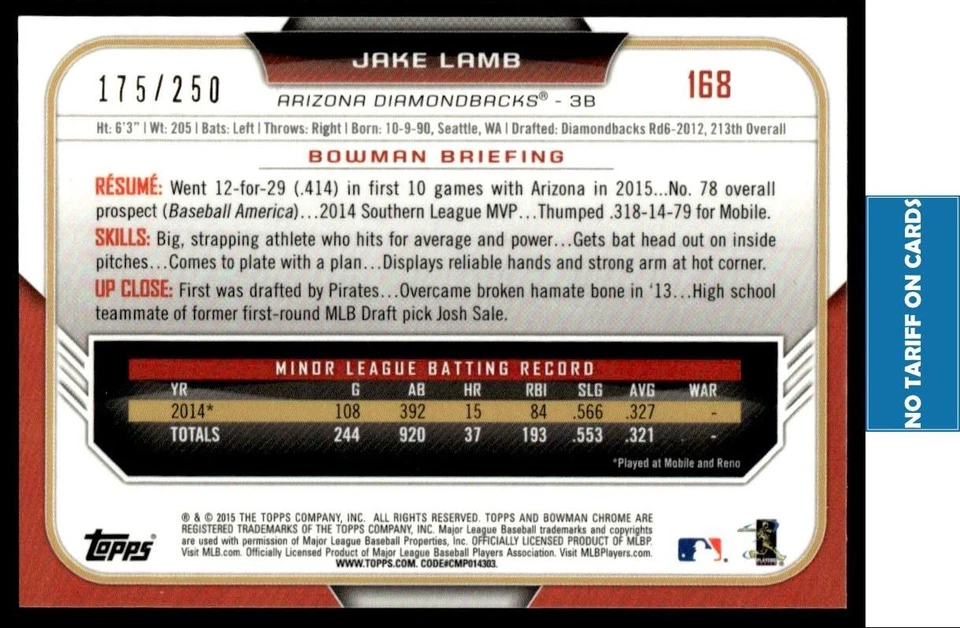 2015 Bowman Chrome Purple Refractors Jake Lamb 175/250 Arizona Diamondbacks #168 - Image 2 of 2
