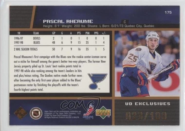 1998-99 Upper Deck UD Exclusives /100 Pascal Rheaume #175 - Image 2 of 2
