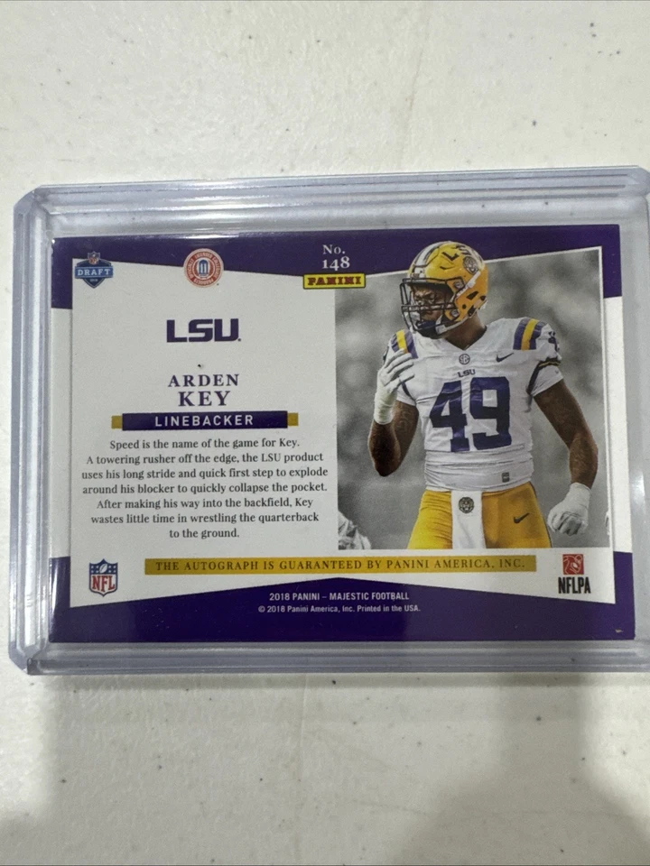 Arden Key 2018 Majestic AUTOGRAPH ROOKIE #148 LSU Tigers Oakland Raiders /299 - Image 2 of 2