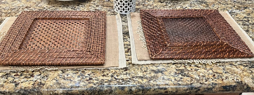 Зарядные устройства из ротанга тканые тарелки квадратные 14 дюймов набор из 2 богемных французских деревенских - Изображение 3 из 4