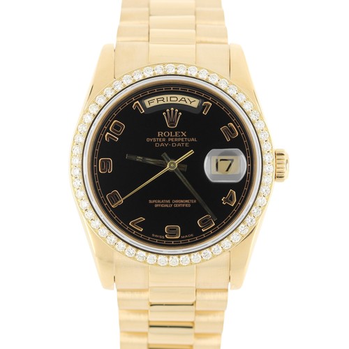 Rolex Day-Date PRESIDENT 18k Yellow Gold Black 36mm DIAMOND Be...