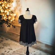 FOREVER 21 Black Mini Baby Doll Dress White Embroidered Detail Deep Back Sz M