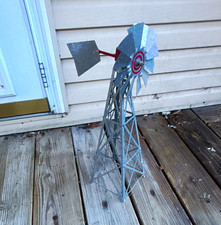 Metal Windmill Wind Spinner Garden Yard Decor Silver with Red Accents