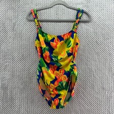 VTG La Blanca Swimsuit Women 14 Yellow Blue Floral One Piece Swimwear Pool Beach