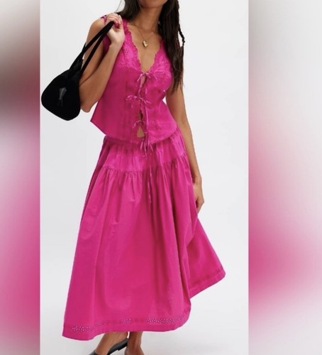 NWT Free People Gesibelle Skirt Set Hot Pink Boho Festival Cottage Core Medium