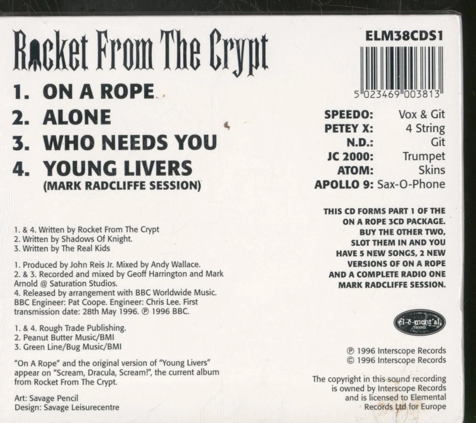 Rocket From the Crypt On A Rope CD UK Elemental 1996 single in multi-fold - Image 2 of 2