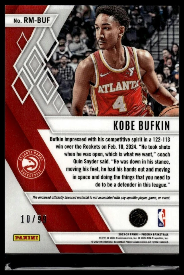 2023-24 Panini Phoenix #RM-BUF Kobe Bufkin Rookie Memorabilia Purple #/99 SN,MEM - Image 2 of 2